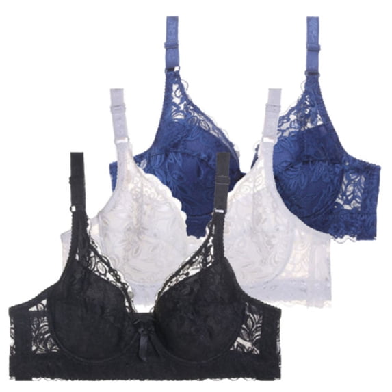 Gymayou 3 Pack Women Ultra Thin Unpadded Lace Bra Underwire Support Push Up Lace Full Figure Everyday Bra Adjustable Strap Breathable Multicolor #1 90C