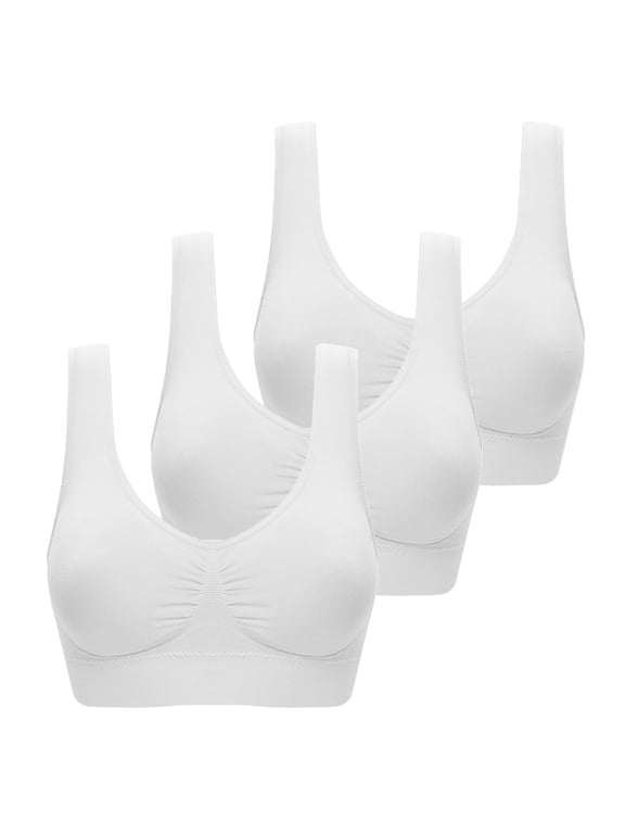 3 Pack Womens Sports Bra Wireless No Underwire Comfortable Low Impact Workout Bra Breathable Stretch Support Bralette White 6XL
