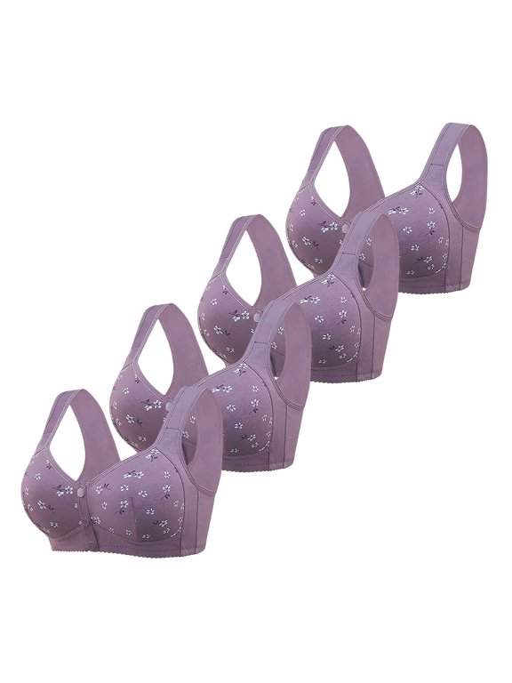 4 Pack Womens Front Closure Wireless Bras Soft Skin-Friendly Floral Print Seamless Back Support Bras No Underwire Lift Up Gather Bras Purple B