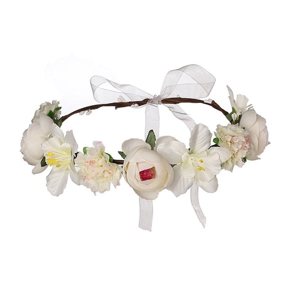 Gymayou Boho Flower Crowns Floral Wreath With Ribbon Headbands Garland Wedding Bridal Bridesmaid Headpiece #2 White