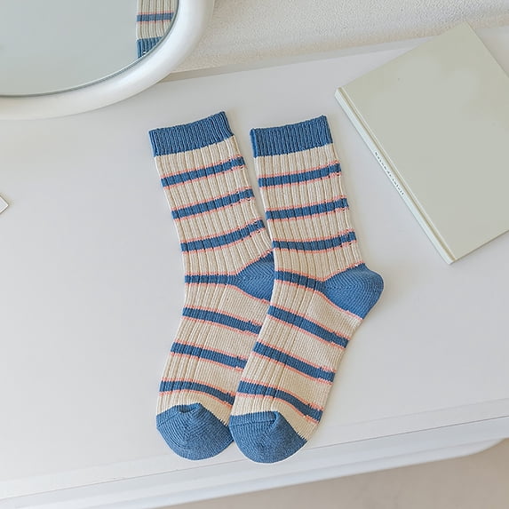 Gymayou Cute Striped Socks for Women Striped Fun Socks Colorful Cotton Crew Sock Blue One Size
