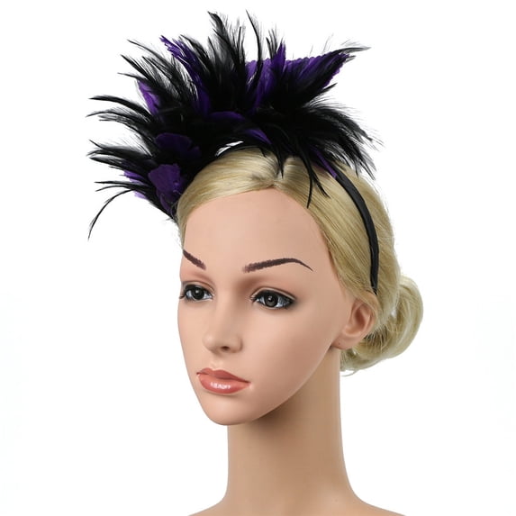 Gymayou Feather Headband Fascinator Hats for Women 1920s Headpiece for Women Wedding Tea Party Purple/Black