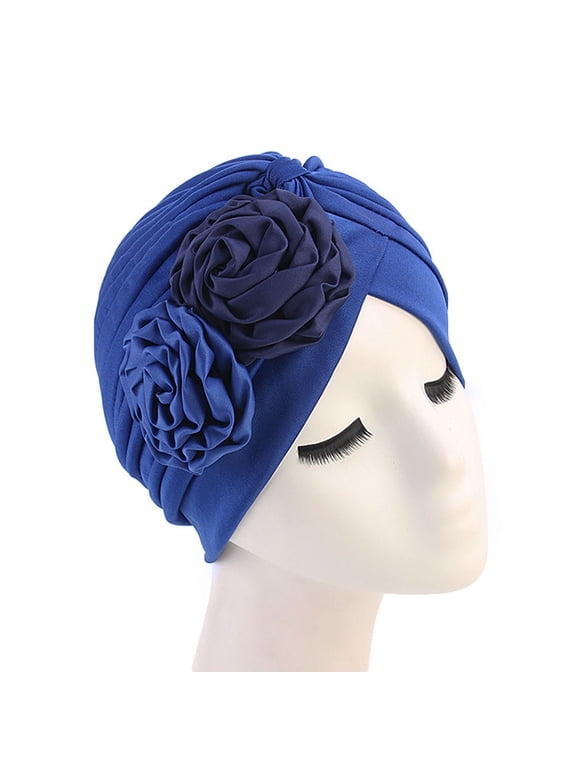 Flower Pre-Tied Turban Beanie Soft Chemo Cap for Women Cancer Hair Loss Comfy Headwear Blue