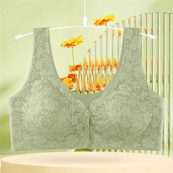 Gymayou Front Button Closure Bra for Older Women No Underwire Floral Lace Wireless Comfort Bra Wide Strap Full Coverage Bras Green L