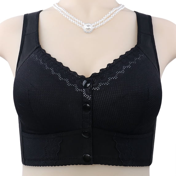 Gymayou Front Button Closure Bra for Women Lace Trim Wireless Comfort Bra No Underwire Breathable Mesh Full Coverage Bras Black 54