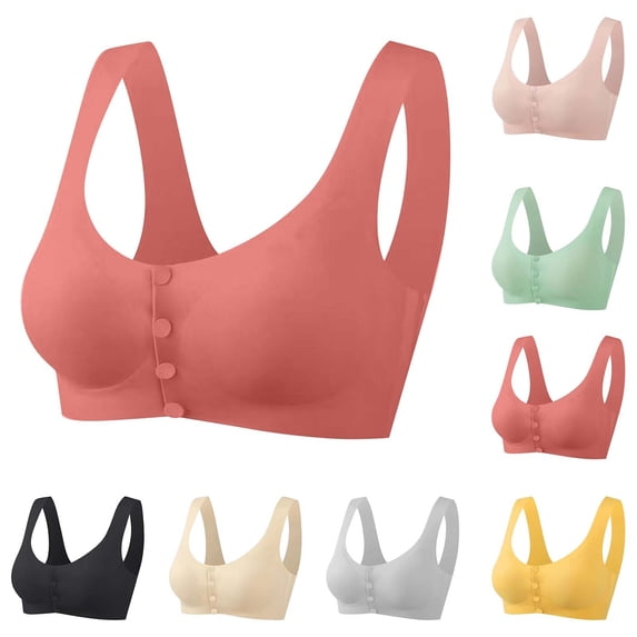 Gymayou Front Button Closure Seamless Bra for Women Vest Style Wireless Comfort Bra Side Coverage Shape Back Beauty Bralette with Wide Straps Beige L
