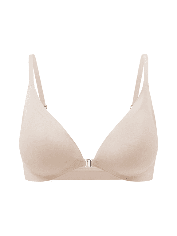 Front Closure Bras for Women Wireless Lightly Padded Bralett Seamless Low Cut V-Neck Lightweight T-Shirts Bra Beige M