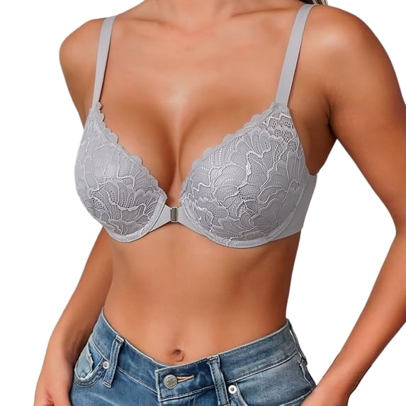 Gymayou Front Closure Lace Bra For Women Underwire T Back Racerback Bra with Adjustable Strap Grey 90B
