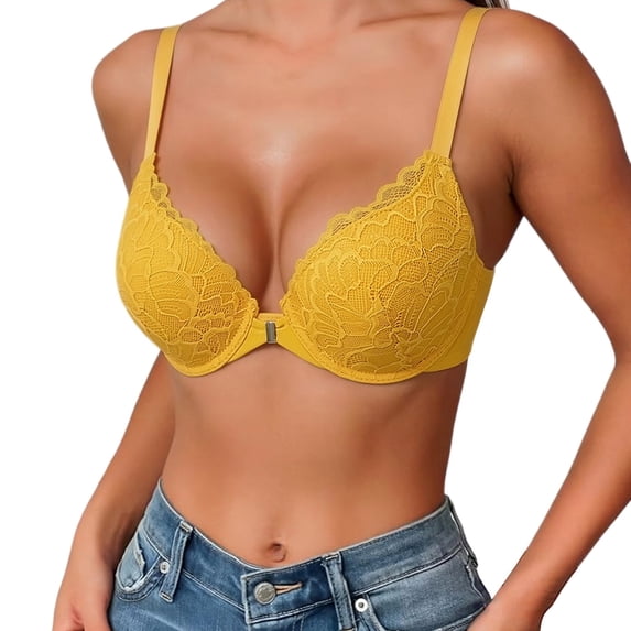 Gymayou Front Closure Lace Bra For Women Underwire T Back Racerback Bra with Adjustable Strap Yellow 90B