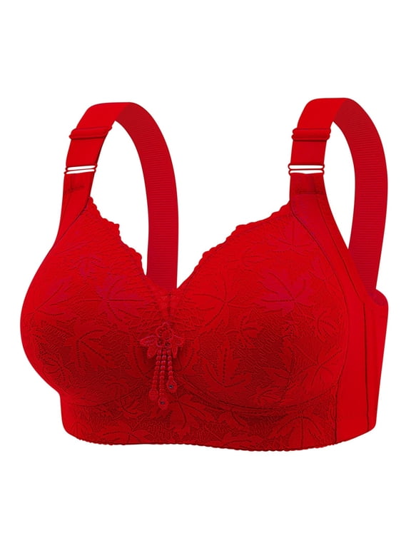 Front Snap Wireless Lace Bra for Middle Aged Elderly Women Soft Skin-Friendly Comfort Daily Leisure Bra Adjustable Wide Strap Red M