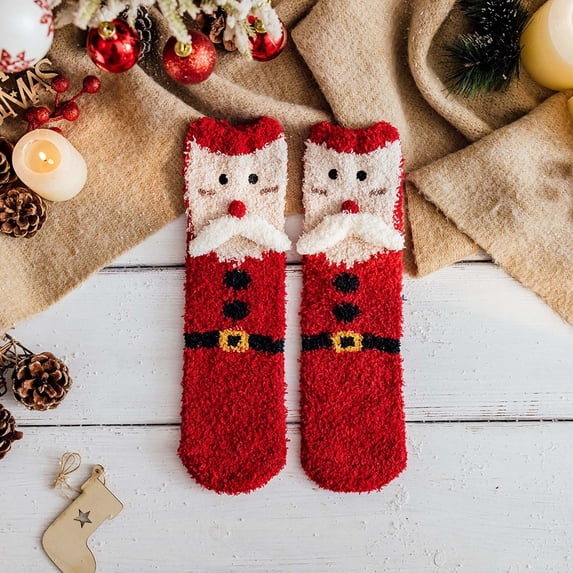 Gymayou Fuzzy Christmas Socks for Women Cozy Fluffy Winter Socks Warm Coral Fleece Slipper Socks Red3 One Size