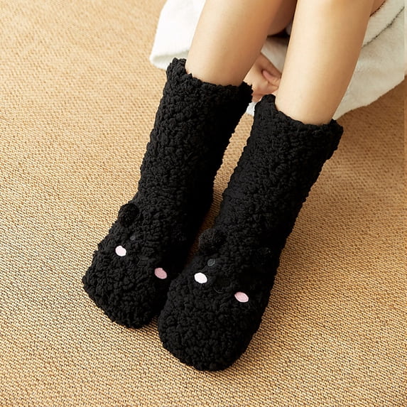 Gymayou Fuzzy Socks for Women Slipper Socks Fluffy Cute Animal Indoor Socks Black One Size