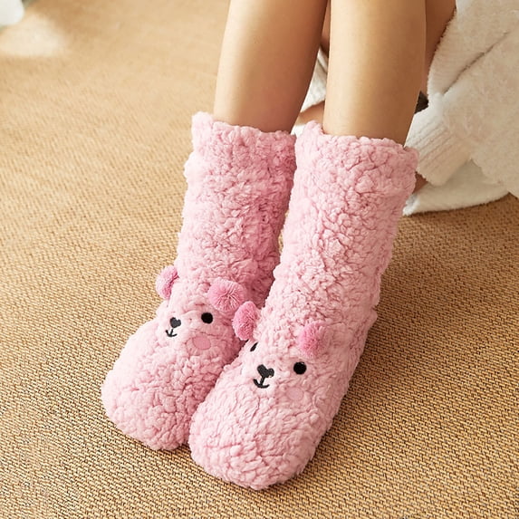 Gymayou Fuzzy Socks for Women Slipper Socks Fluffy Cute Animal Indoor Socks Pink One Size