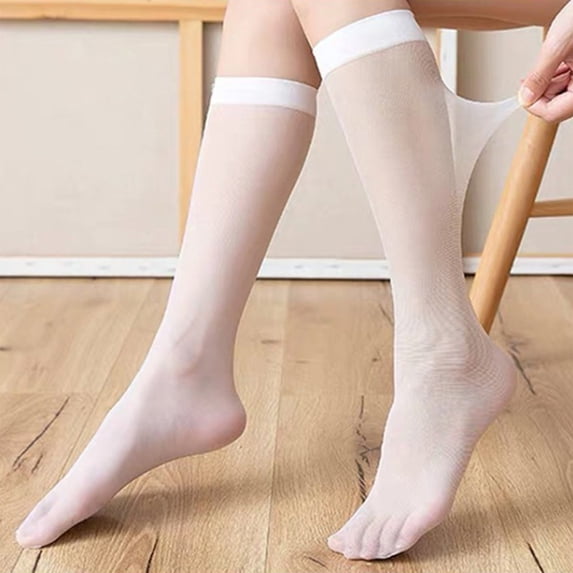 Gymayou Knee High Stockings For Women 15D Transparent Shimmer Nylon Trouser Socks Z01/White