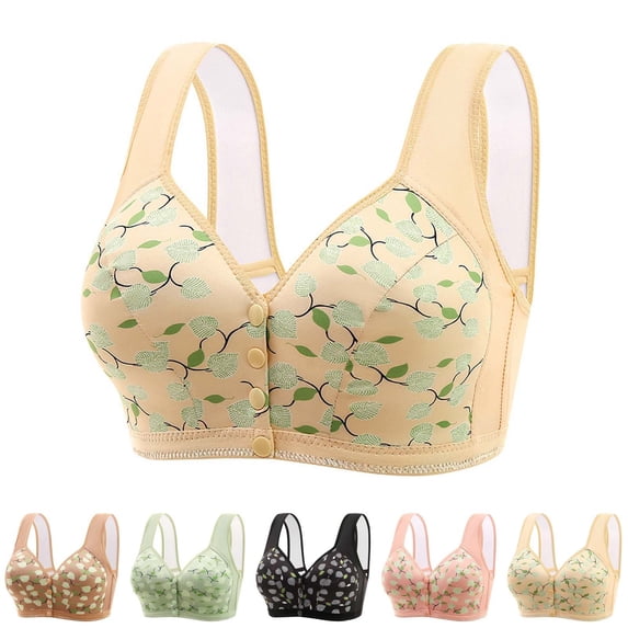 Gymayou Middle Aged Women Front Snap Wireless Bra Printed Comfort Bralette Soft Skin Friendly Front Closure Bras Beige 36/80