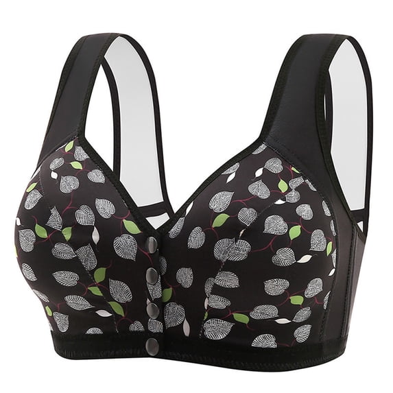 Gymayou Middle Aged Women Front Snap Wireless Bra Printed Comfort Bralette Soft Skin Friendly Front Closure Bras Black 42/95