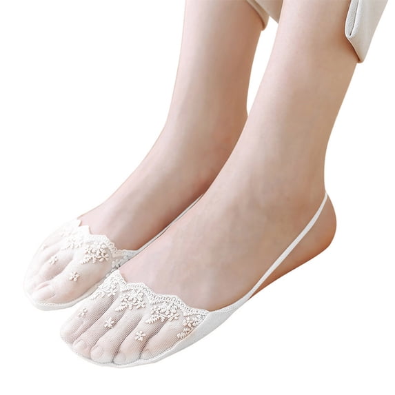 Gymayou Non-Slip Breathable Lace No Show Socks for Women Toe Topper Half Socks Low Cut Liner Slingback Socks White One Size