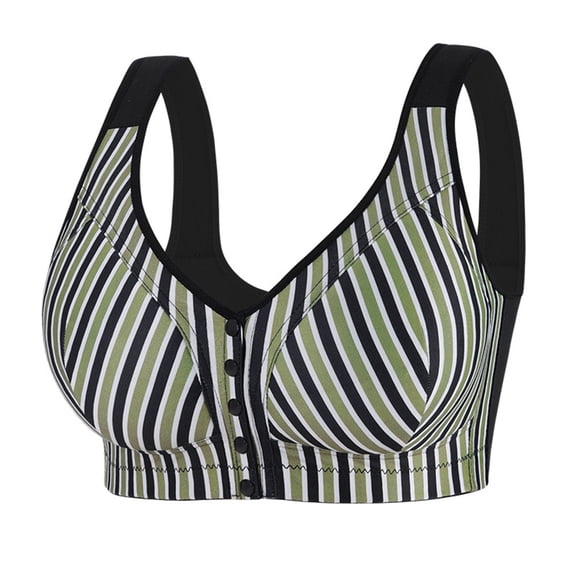 Gymayou Plus Size Striped Front Closure Wireless Bra For Women Wide Vest Strap Easy Front Button Comfort Bra Full Coverage Side Support Black 42A