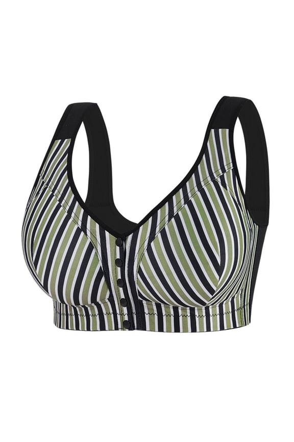 Plus Size Striped Front Closure Wireless Bra For Women Wide Vest Strap Easy Front Button Comfort Bra Full Coverage Side Support Black 48G