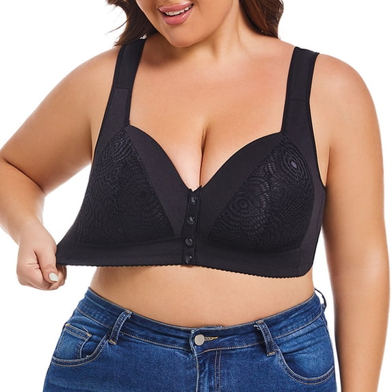 Gymayou Plus Size Women Wireless Front Closure Lace Bra Wide Strap Vest Style Full Coverage Large Cup Support Bralette Breathable Comfort Black 2XL