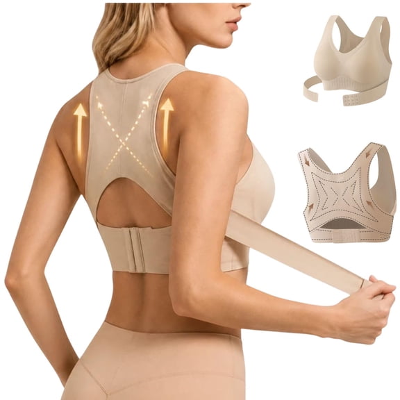 Gymayou Posture Corrector Bras Women Front Closure Cross Back Wireless Bras Beige 2XL