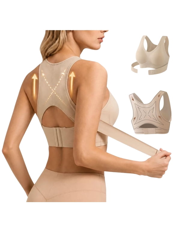 Posture Corrector Bras Women Front Closure Cross Back Wireless Bras Beige 2XL