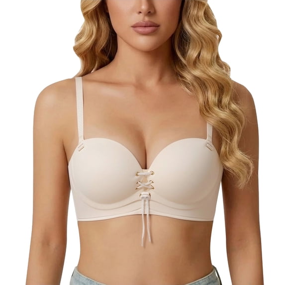 Gymayou Push Up Padded Bras for Women Wireless Lace-Up Plunge Drawstring Bra Beige L