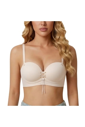 Push Up Padded Bras for Women Wireless Lace-Up Plunge Drawstring Bra Beige M