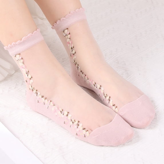 Gymayou Sheer Lace Socks 1 Pair Floral Mesh Ankle Socks for Women Embroidered Floral Design
