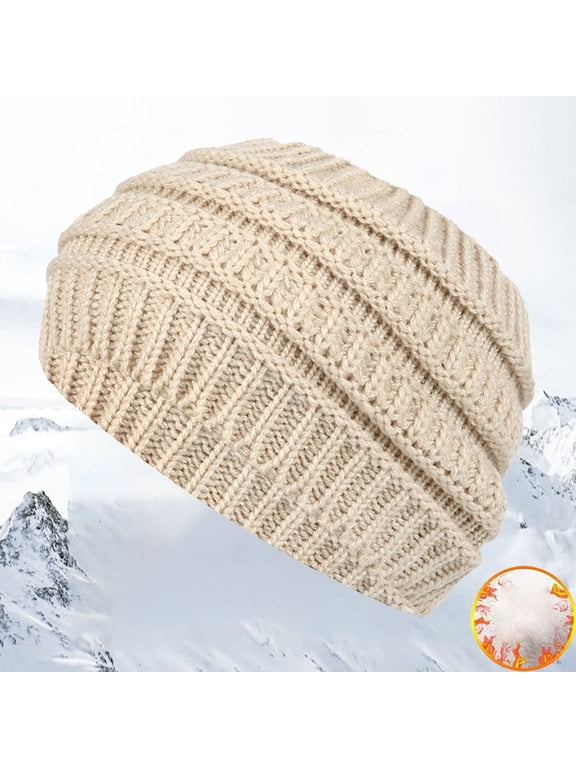 Soft Stretch Cable Knit Messy Bun Ponytail Beanie Hat for Women Warm Winter Hats Knit Headband Stretch Fit Beige