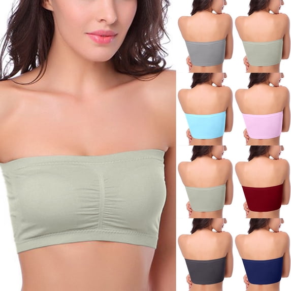 Gymayou Strapless Bras for Women Non-Slip Seamless Padded Bandeau Bra Wireless Convertible Tube Top Bralette Blue L