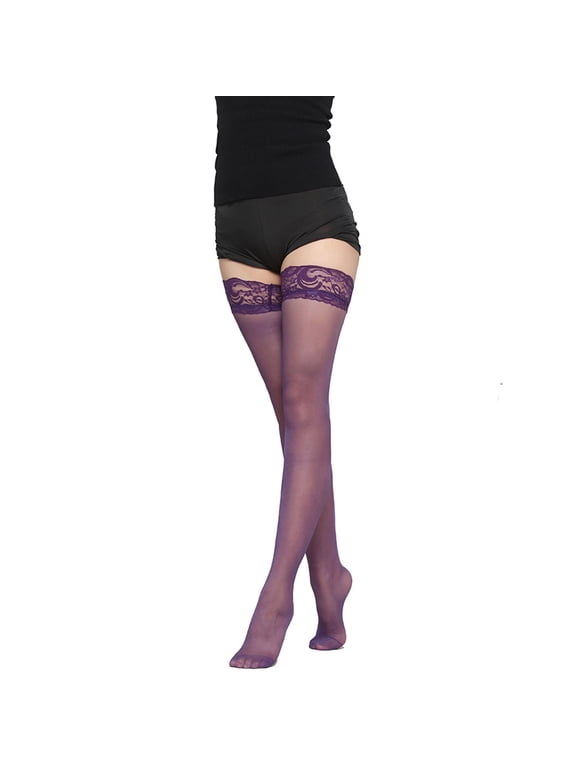 Thigh High Stocking Hosiery Sheer Pantyhose Women's Sheer Thigh High Pantyhose with Lace Top Purple One Size
