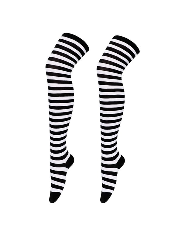 Thin Striped Thigh High Socks Over Knee Thin Tights Long Stocking Black/White