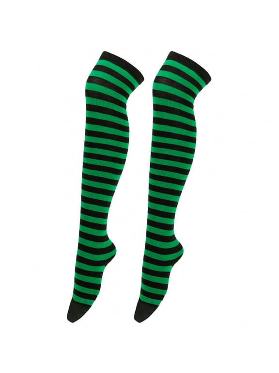 Thin Striped Thigh High Socks Over Knee Thin Tights Long Stocking Green/Black