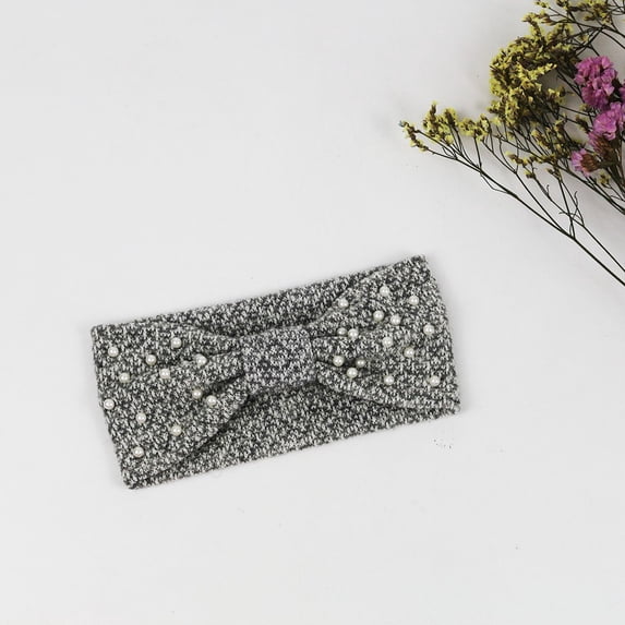 Gymayou Twisted Knit Headbands White Pearl Knit Headbands Winter Ear Warmers Headband Crochet Turban Gray