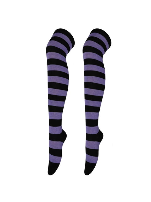 Wide Striped Knee High Socks for Women Breathable Long Over Knee Socks Purple/Black