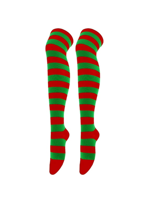 Wide Striped Knee High Socks for Women Breathable Long Over Knee Socks Red/Green