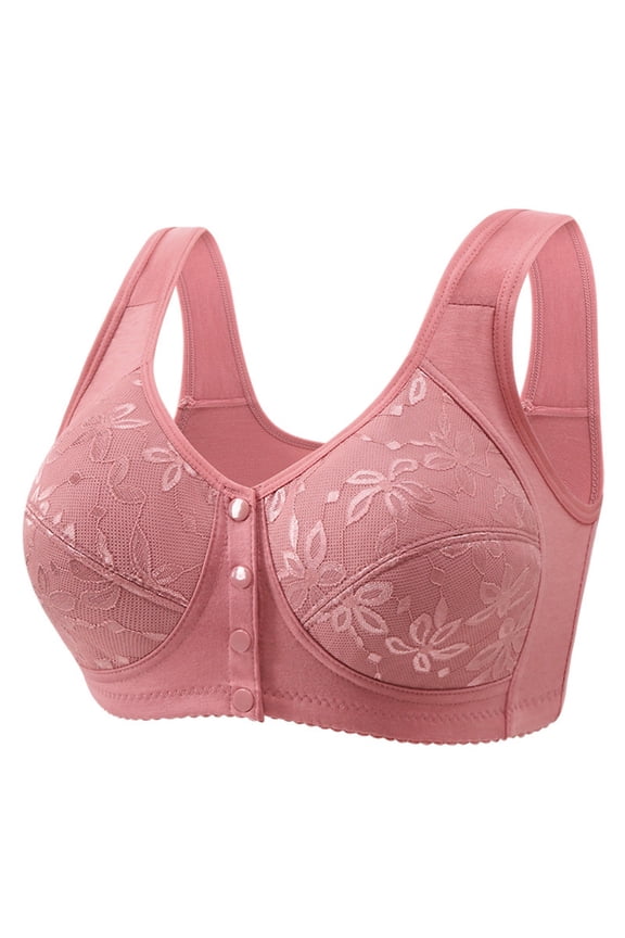 Wire Free Front Closure Floral Lace Bra For Women Full Coverage Anti Sag Lift Shaping Bra Wide Vest Strap Back Support Comfort Bra Hot Pink 42