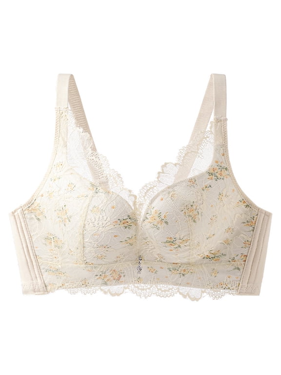 Wire Free Minimizer Bra For Full Bust Women Thin Floral Lace Full Coverage Adjustment Bra Lace V Neck Adjustable Strap Plus Size Everyday Shaping Bra Beige 105