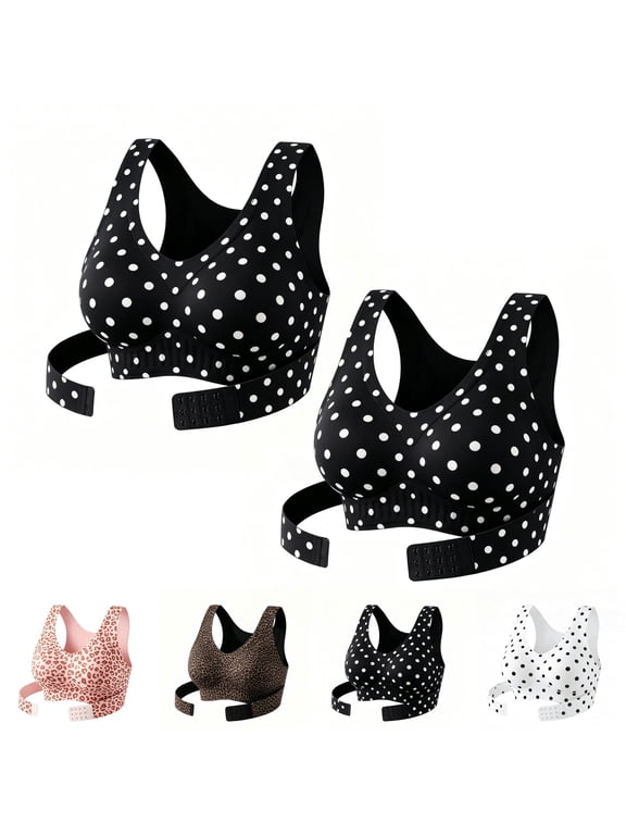 Women 2 Pack Posture Corrector Bra Front Closure Cross Back Seamless Wireless Bra Black L