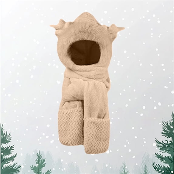 Gymayou Women 3-in-1 Hooded Scarf Hat With Mitten Pockets Warm Neck Wrap Integrated Hat Scarf Gloves Combo