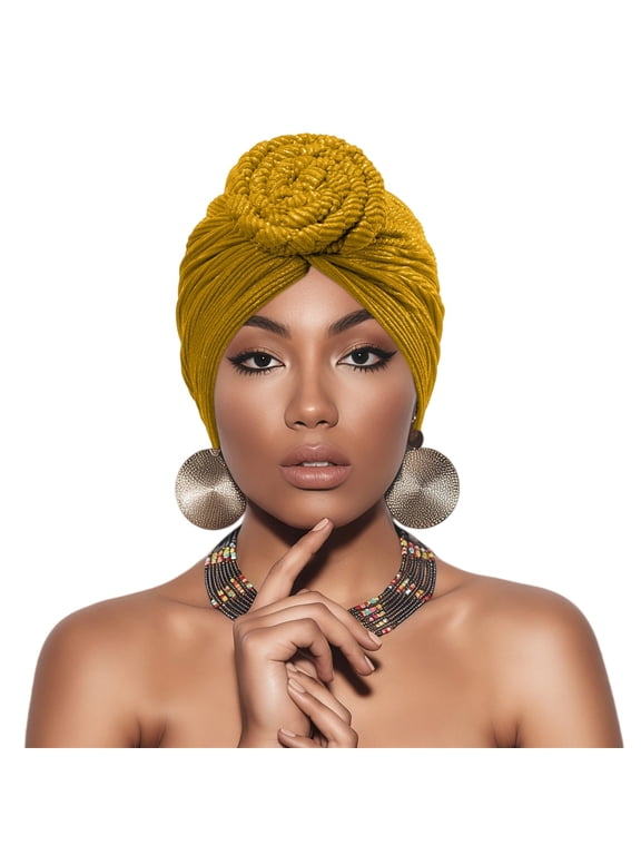 Women African Headwraps Turbans Hat Pre-Tied Bonnet Turban Knot Beanie Cap Headwrap Gold