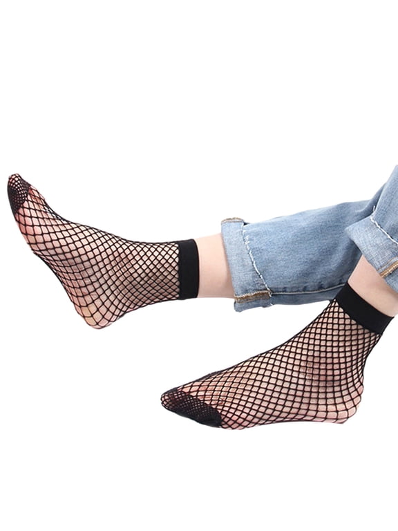 Women Ankle Fishnet Socks Elastic Hollow Out Mesh Lace Net Socks Black One Size