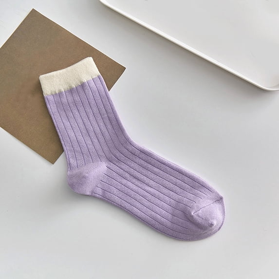 Gymayou Women Color‑Block Crew Socks Thin Breathable Summer Cotton Contrast Cuff Casual Socks Purple One Size