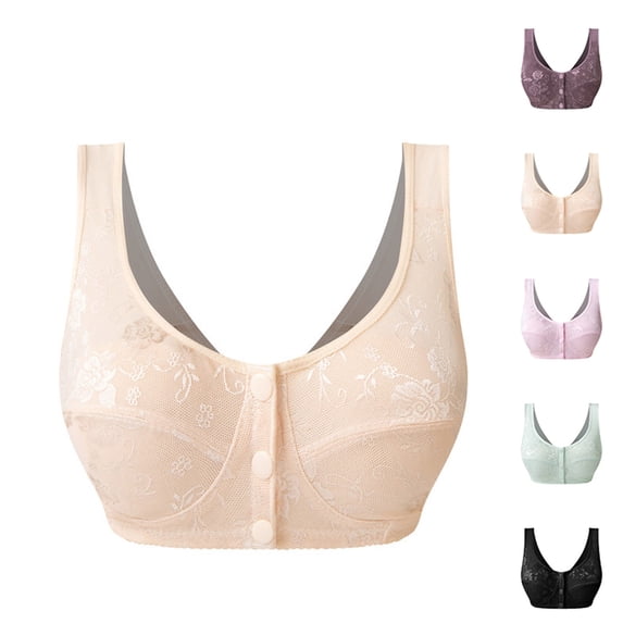 Gymayou Women Cotton Vest Style Wireless Bra Front Snap Button Closure Lace Breathable Molded Cup Comfort Lingerie Wide Shoulder Strap Beige 36