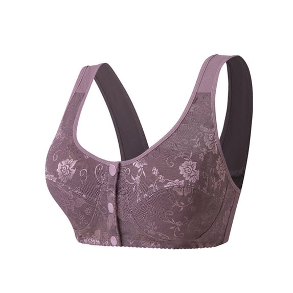 Gymayou Women Cotton Vest Style Wireless Bra Front Snap Button Closure Lace Breathable Molded Cup Comfort Lingerie Wide Shoulder Strap Purple 44