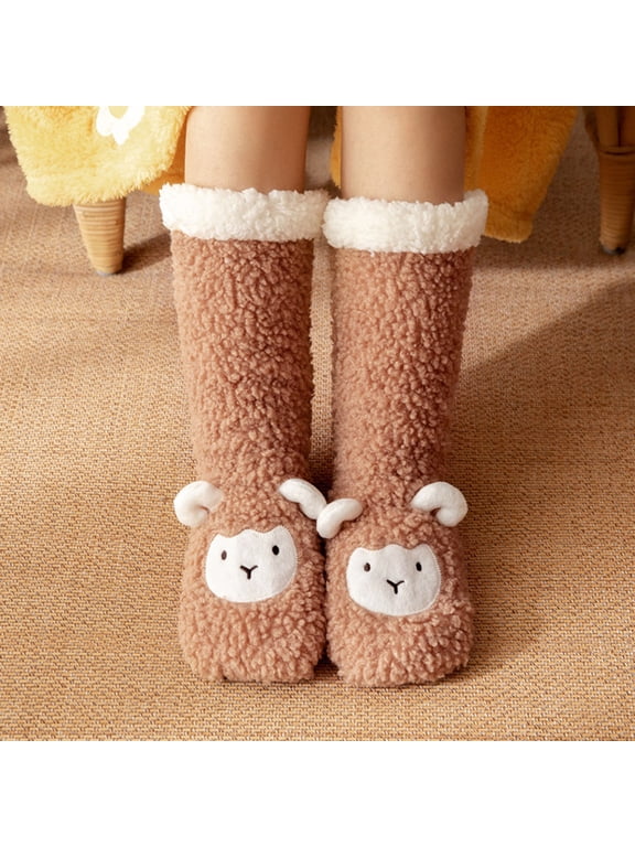 Women Cute 3D Sheep Fleece Crew Carpet Socks Winter Thick Bedroom Sleep Socks Cozy Plush Warm Socks Coffee One Size