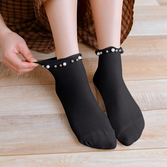 Gymayou Women Cute Ankle Socks Cotton Casual Ruffle Socks with Pearls Cute Summer Short Socks Black One Size