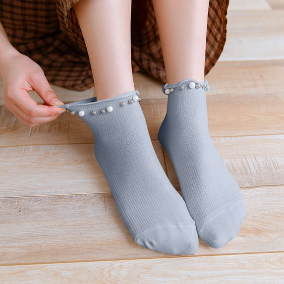 Gymayou Women Cute Ankle Socks Cotton Casual Ruffle Socks with Pearls Cute Summer Short Socks Gray One Size