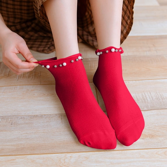 Gymayou Women Cute Ankle Socks Cotton Casual Ruffle Socks with Pearls Cute Summer Short Socks Red One Size
